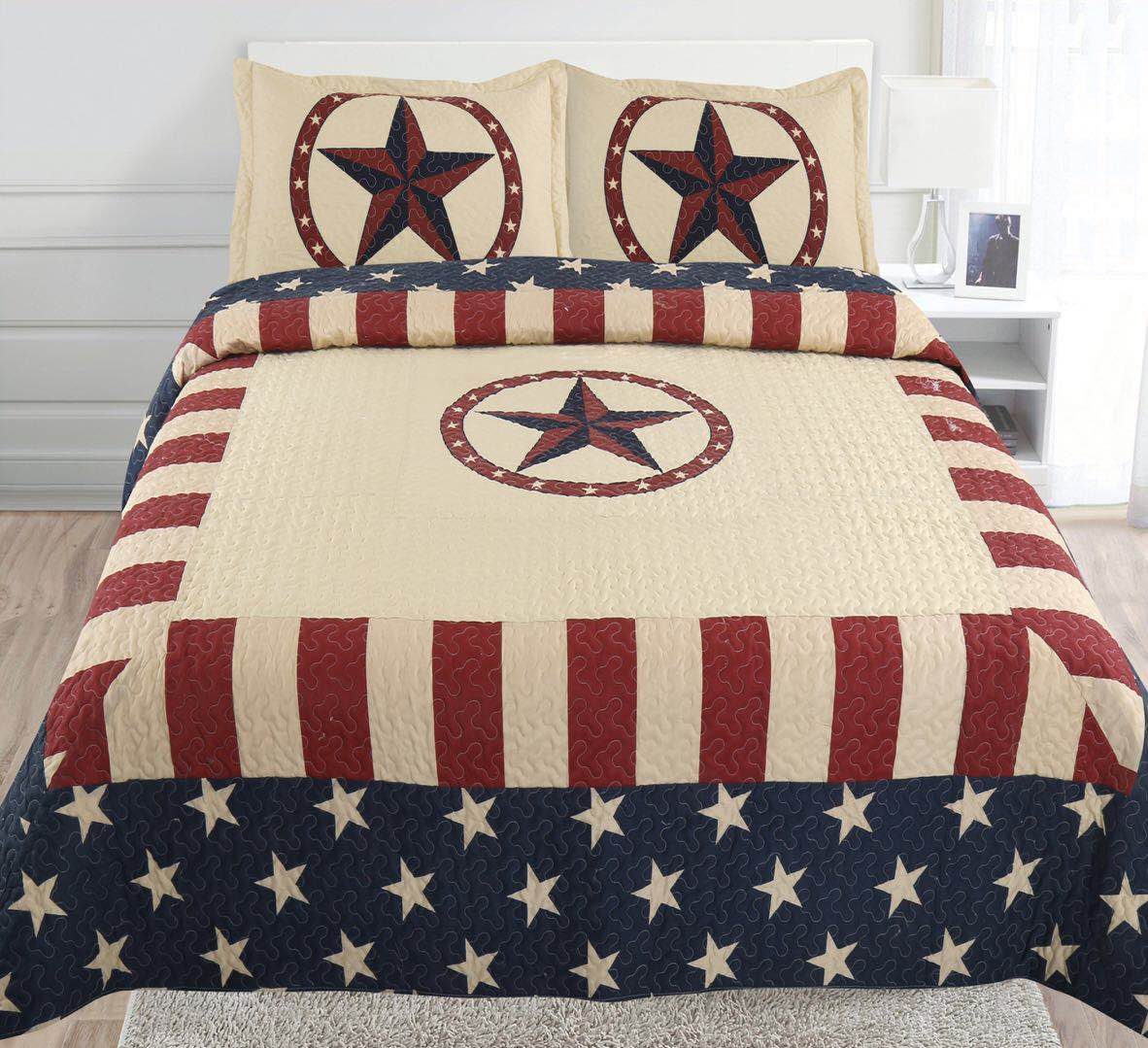 Highland Cow Bedding Set American Flag Western Texas Star Comforter Cover Cowboys  Gifts for Men,Longhorn Bull Cattle Eagle Duvet Cover King,Red and Blue  United States Flag Farmhouse Decor 