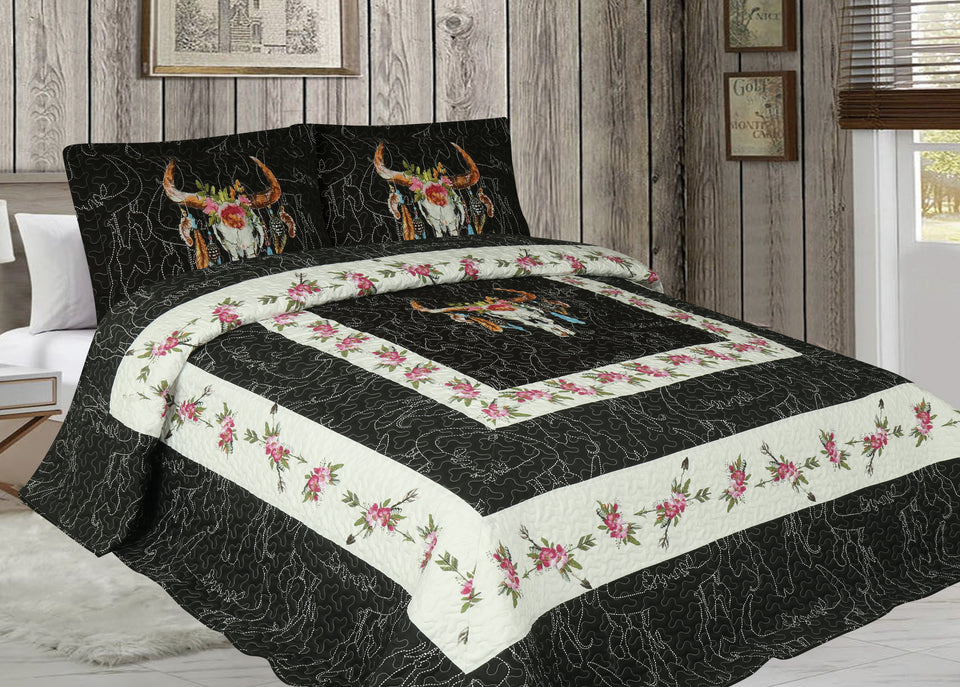 Skull Steer Skeleton Flower Rustic Black Western Bedspread Comforter Quilt - 3 Piece Set