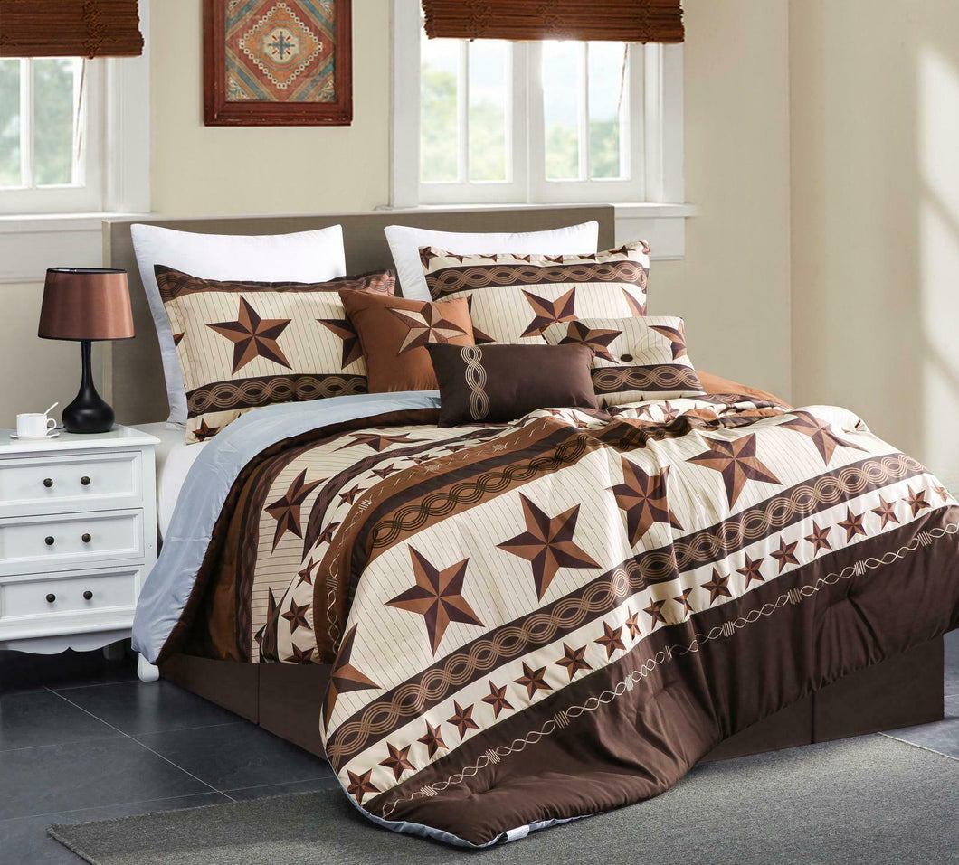 Luxury South Western Pattern Barbed Wire Rustic Brown Star Comforter Set - 7 Pc