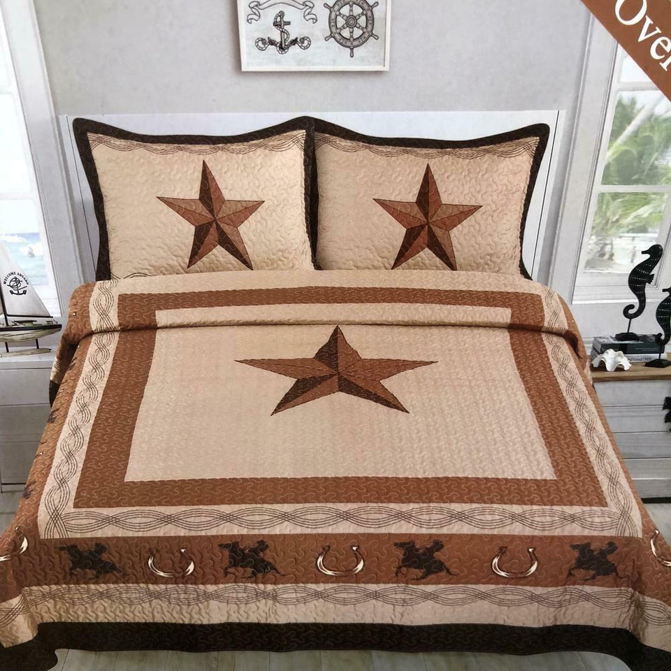 Western HorseShoe Star & Wild Horse Rider Cowboy Tan Star Design Quilt BedSpread