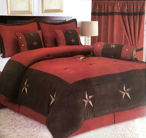 Western Rustic Burgundy Embroidery Texas Star Luxury Comforter Suede -- 7 Pc Set
