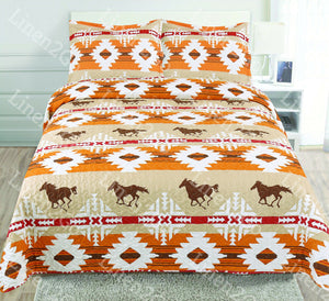 3 Piece Aztec Mesa Horses Quilt Rustic Western Bedspread Comforter Bedding Set!