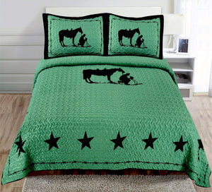 Texas Praying Cowboy Horse Star Western Quilt Bedspread Comforter Shams 3 Pc Set
