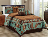 South Western Cow Skull Cowboys Turquoise Rustic Brown Star Comforter Set - 7 Pc