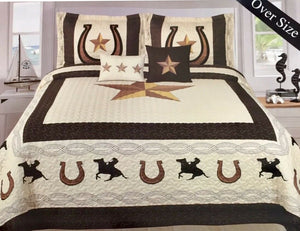 Texas Western Rustic Horseshoe Design Star Barbed Wire Quilt BedSpread 2 Styles!