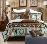 South Western Cow Skull Cowboys Turquoise Rustic Brown Star Comforter Set - 7 Pc