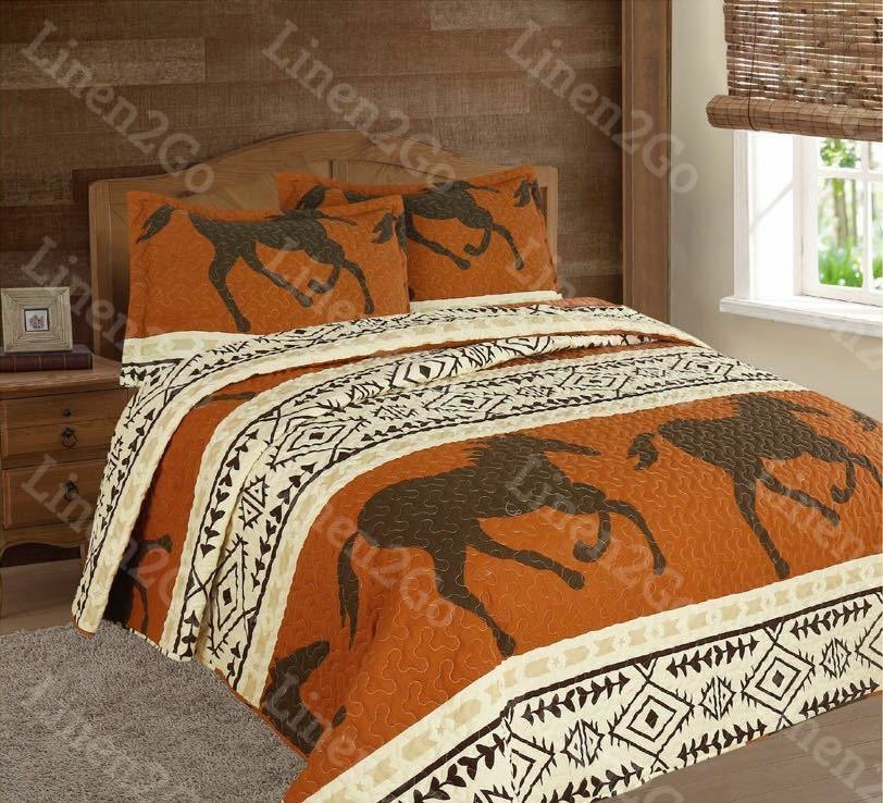 Luxurious Southwest Running Horse Western Quilt Set Bedspread Comforter 3 Piece