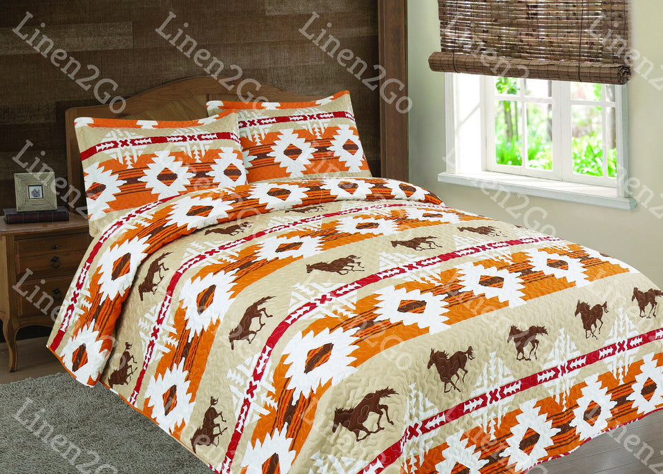 3 Piece Aztec Mesa Horses Quilt Rustic Western Bedspread Comforter Bedding Set!