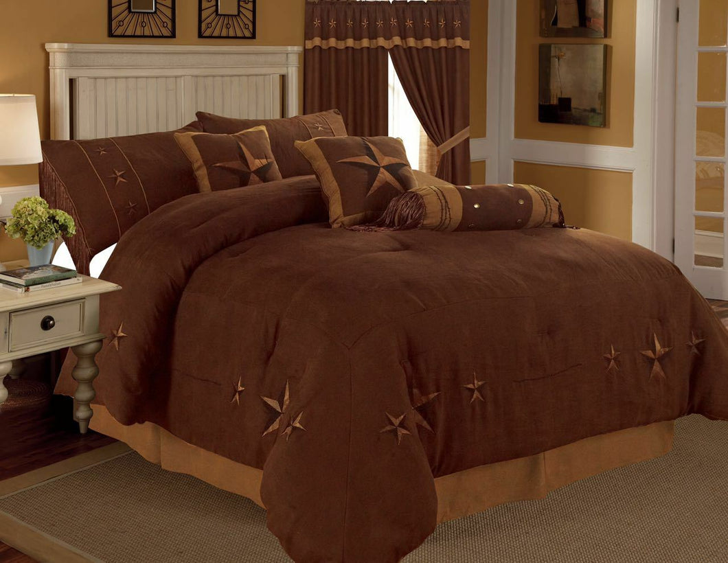 Rustic Brown Embroidery Texas Star Western Luxury Comforter Suede - 7 Pc - SALE