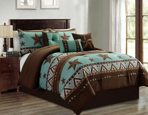 Luxury South Western Pattern Turquoise Rustic Brown Star Comforter Set - 7 Piece