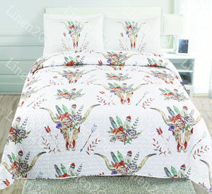 Skull Skeleton Flower Quilt Rustic Western Bedspread Comforter Bedding-3 Pc Set