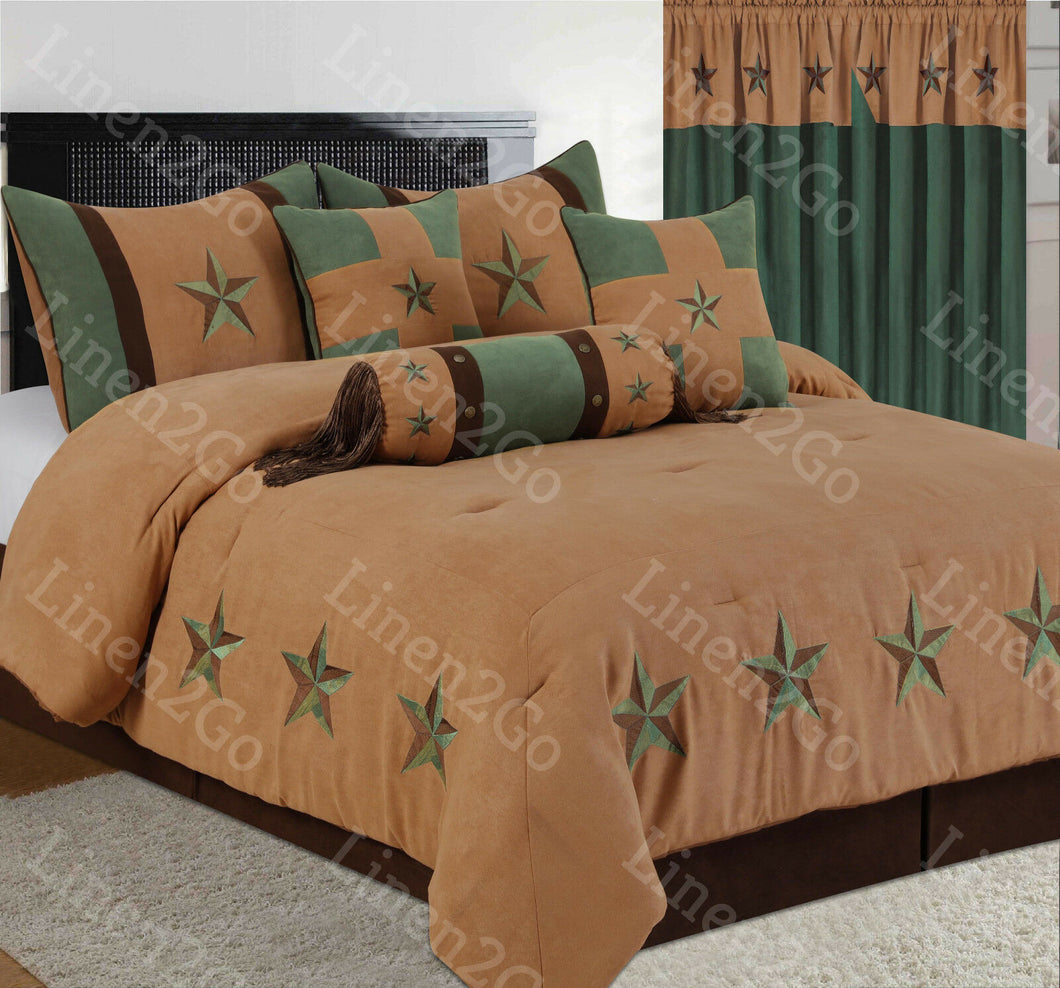 Rustic Gold+Turquoise Embroidery Texas Star Western Luxury Comforter Suede 7Pc's