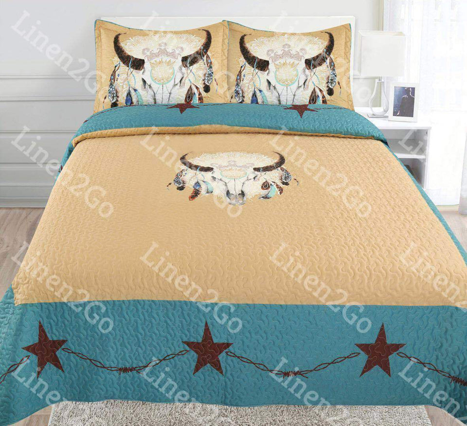 Skull Dream Catcher Rustic Western Star Wire Bedspread Comforter Quilt - 3Pc Set