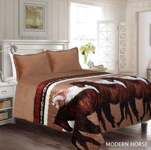 3 Piece Modern Horses Quilt Rustic Western Star Bedspread Comforter Bedding Set!