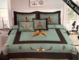 Western Longhorn Star & Boots Turquoise Star Design Barbed Wire Quilt BedSpread