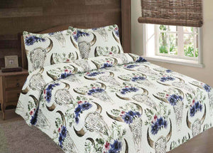 Flower Steer Skull Skeleton Quilt Rustic Western Bedspread Comforter Bedding 3Pc