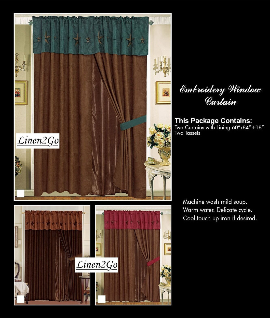 Texas Western Embroidery Star Suede Curtain With Lining Set - 60