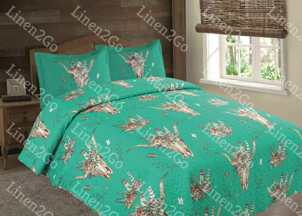 Skull Skeleton Flower Rustic Western Bedspread Comforter Turquoise - 3 Pc Set