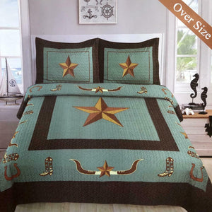 Western Longhorn Star & Boots Turquoise Star Design Barbed Wire Quilt BedSpread