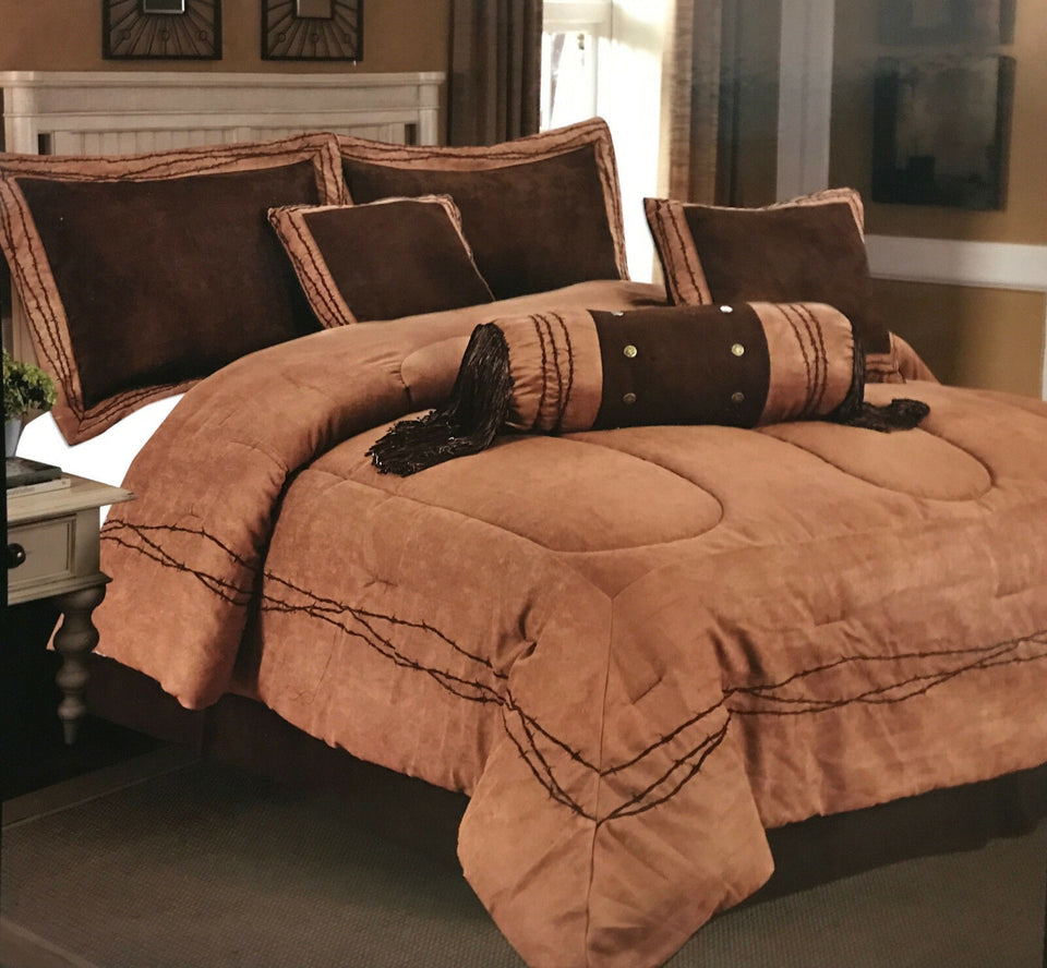 Embroidery Texas Barbed-Wire Cowboy Western Luxury Comforter Suede -7 Piece Set!