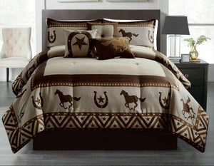 Rustic Southern Running Wild Horses & Horseshoe Star Comforter Set - 7 Piece Set