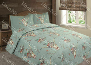Steer Skull Skeleton Flower Rustic Western Bedspread Comforter Quilt - 3 Pc Set
