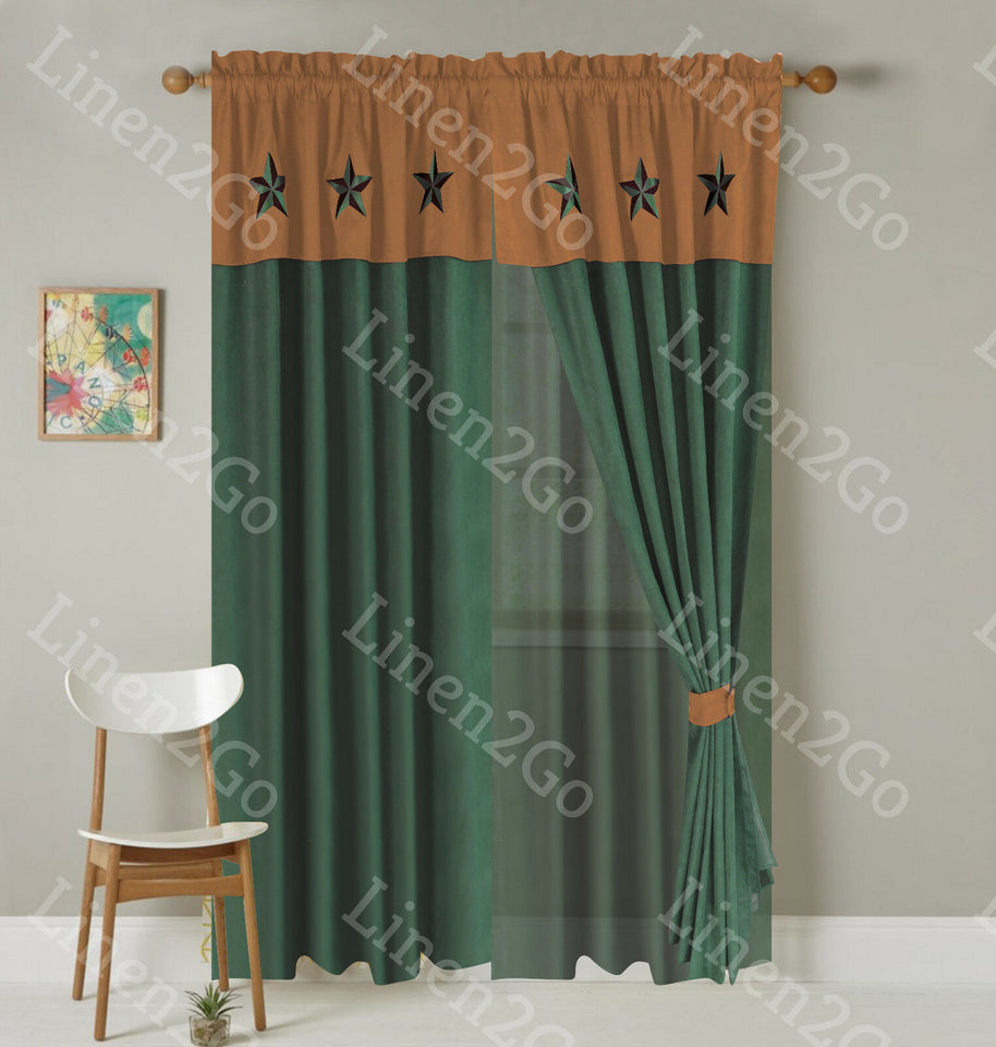 Texas Western Embroidery Star Suede Curtain Gold On TURQUOISE