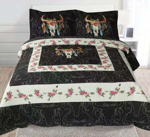 Skull Steer Skeleton Flower Rustic Black Western Bedspread Comforter Quilt - 3 Piece Set