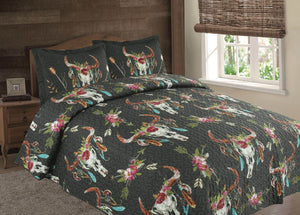 Skull Steer Skeleton Flower Rustic Western Bedspread Comforter Quilt - 3 Piece Set