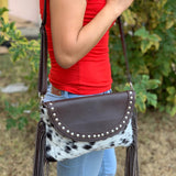 Over Shoulder Cowhide Leather Bag With Fringes & Studs