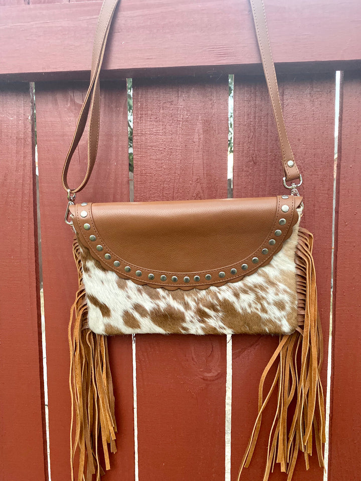 Over Shoulder Cowhide Leather Bag With Fringes & Studs