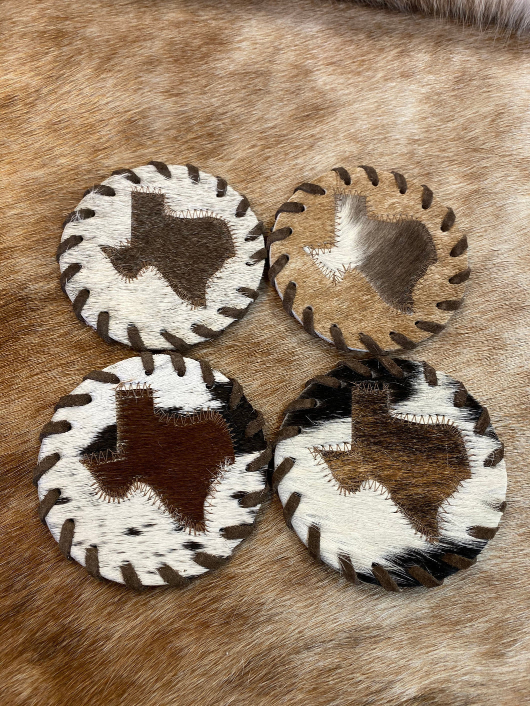 Cowhide Leather Texas Map Coasters With Lacing