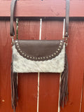 Over Shoulder Cowhide Leather Bag With Fringes & Studs