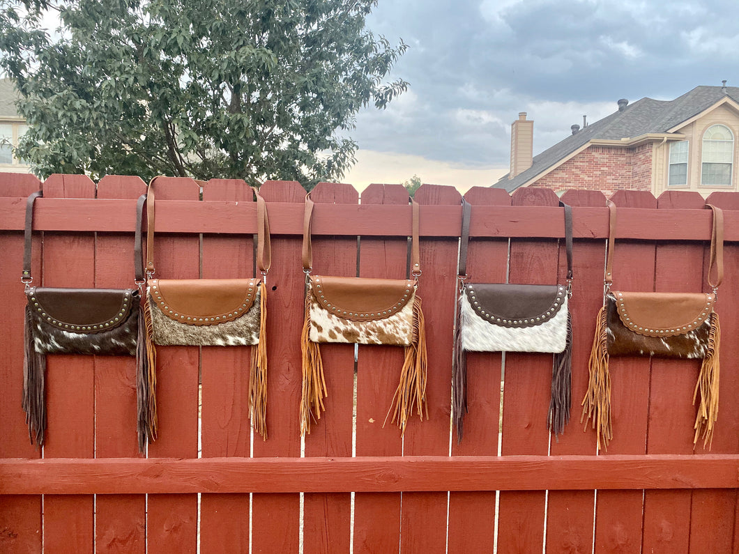 Over Shoulder Cowhide Leather Bag With Fringes & Studs