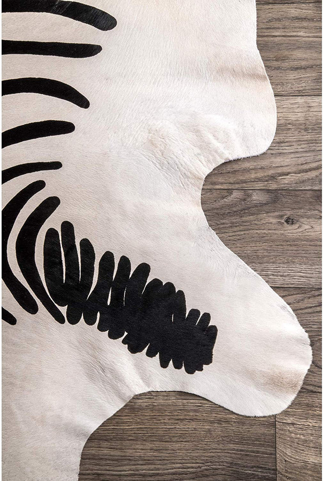 100% Real Brazilian striped Handmade Cowhide Shaped Rug, 6' x 7', White