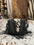 Cowhide Over The Shoulder Leather Bag With Fringes & Studs Black