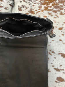 Cowhide Over The Shoulder Leather Bag With Fringes & Studs Black