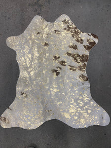 Gold On White Brown Metallic Acid Wash Printed Design Calf Hide Rug