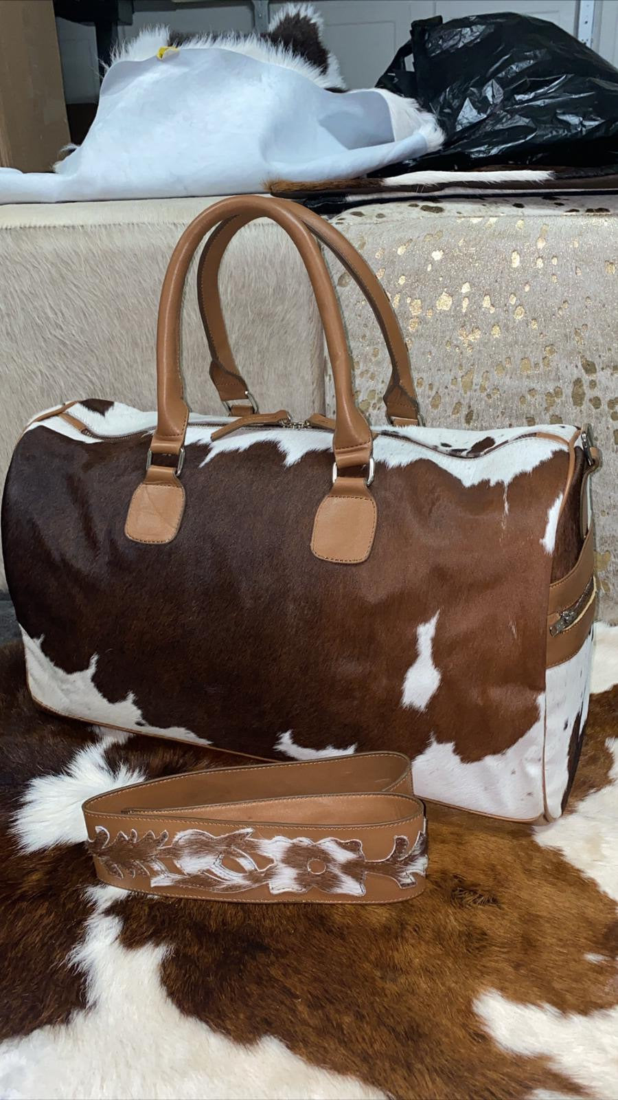 Cowhide Duffel Bag With Leather Straps Travel Bag 