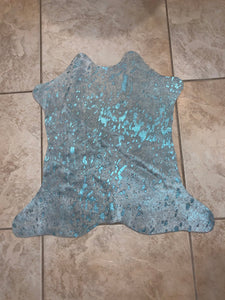 Turquoise Metallic Acid Wash Printed Design Calf Hide Rug