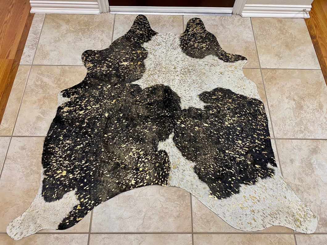 Acid Wash Brazilian Cowhide Rug - Gold On White Black - Medium