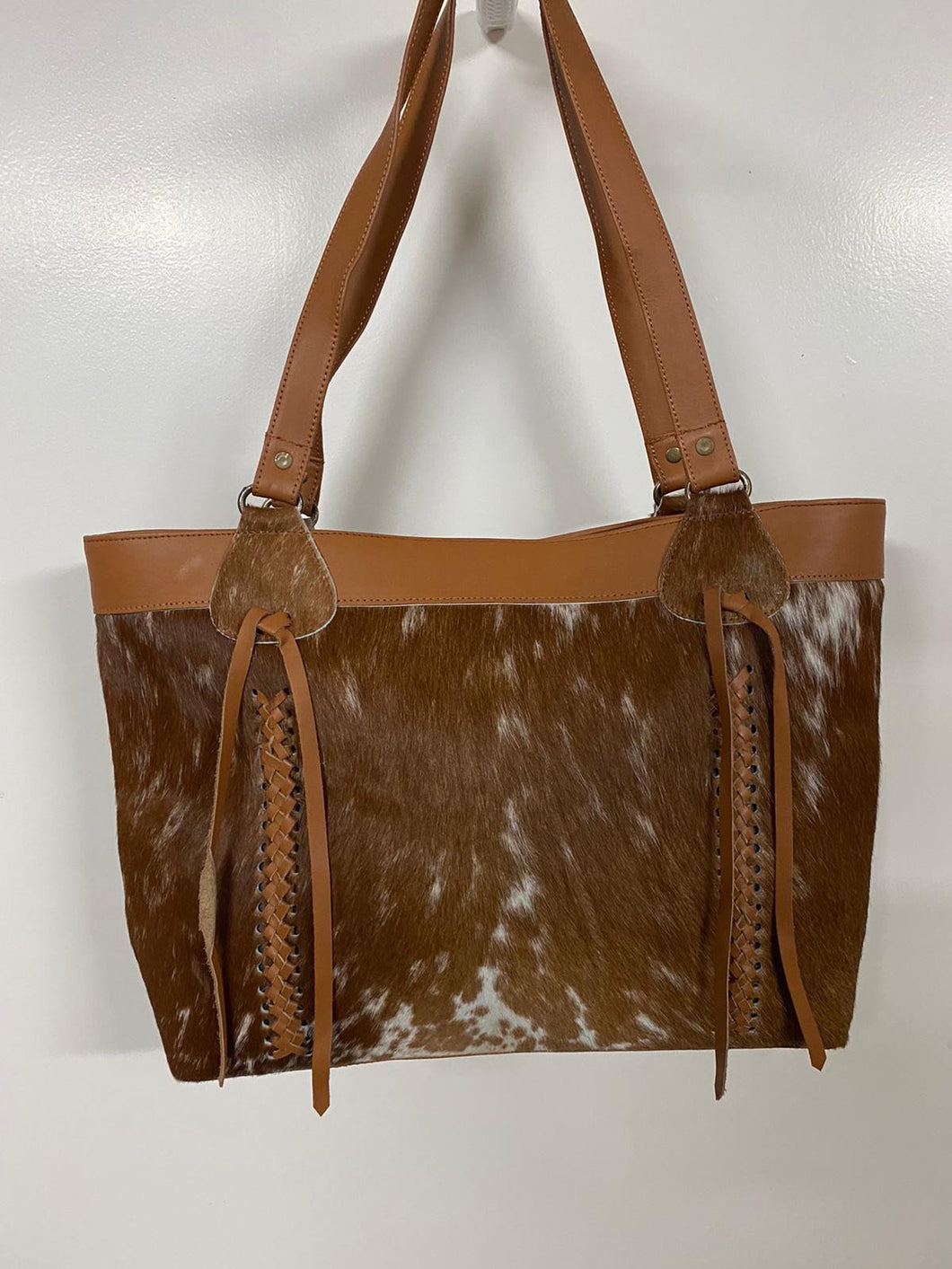 Cowhide Leather Fringes Tote - Tan White
