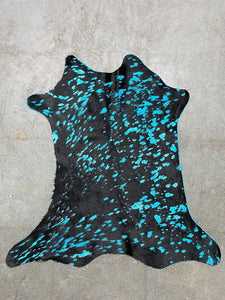 Turquoise On Black Acid Wash Printed Design Calf Hide Rug