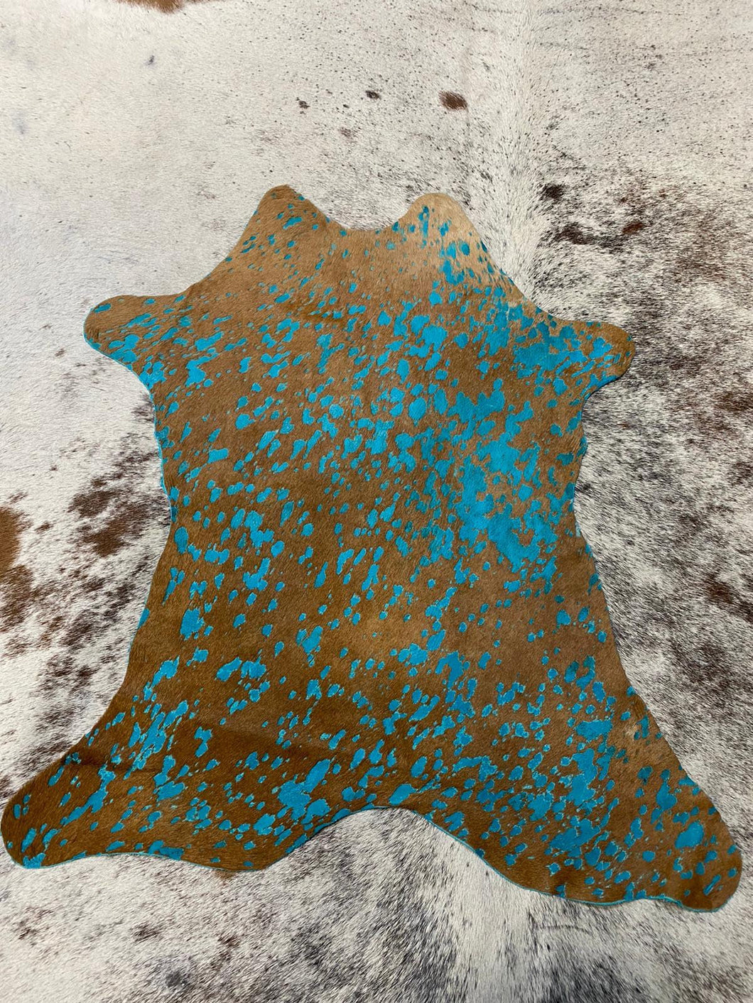 Turquoise On BrownAcid Wash Printed Design Calf Hide Rug
